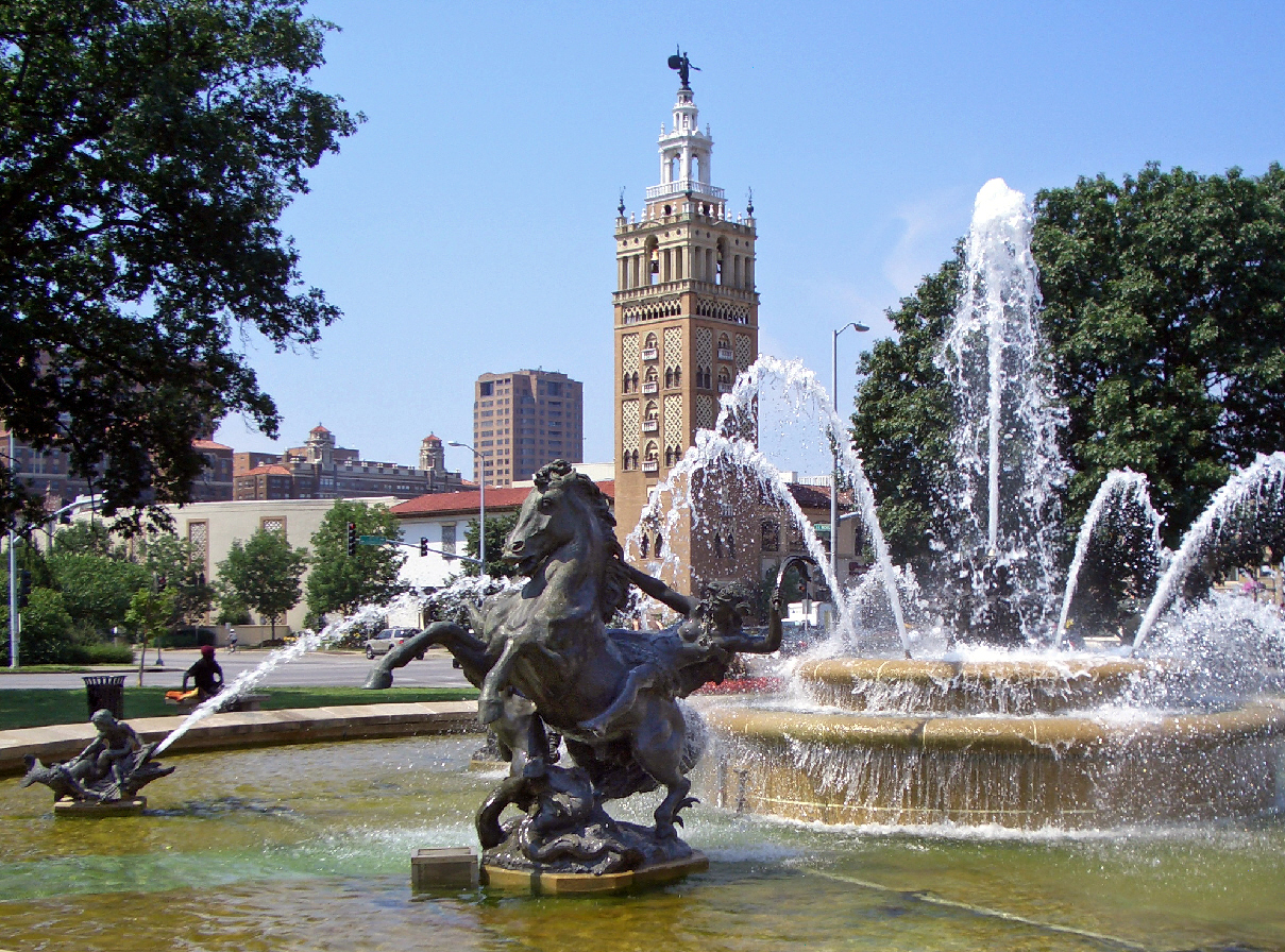 The Country Club Plaza's Spanish Baroque towers and lit fountains in Kansas City