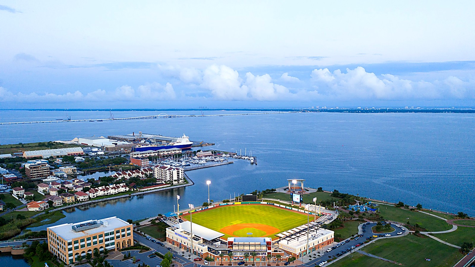Aerial view of Pensacola's bayfront ballpark, marina, and Pensacola Bay