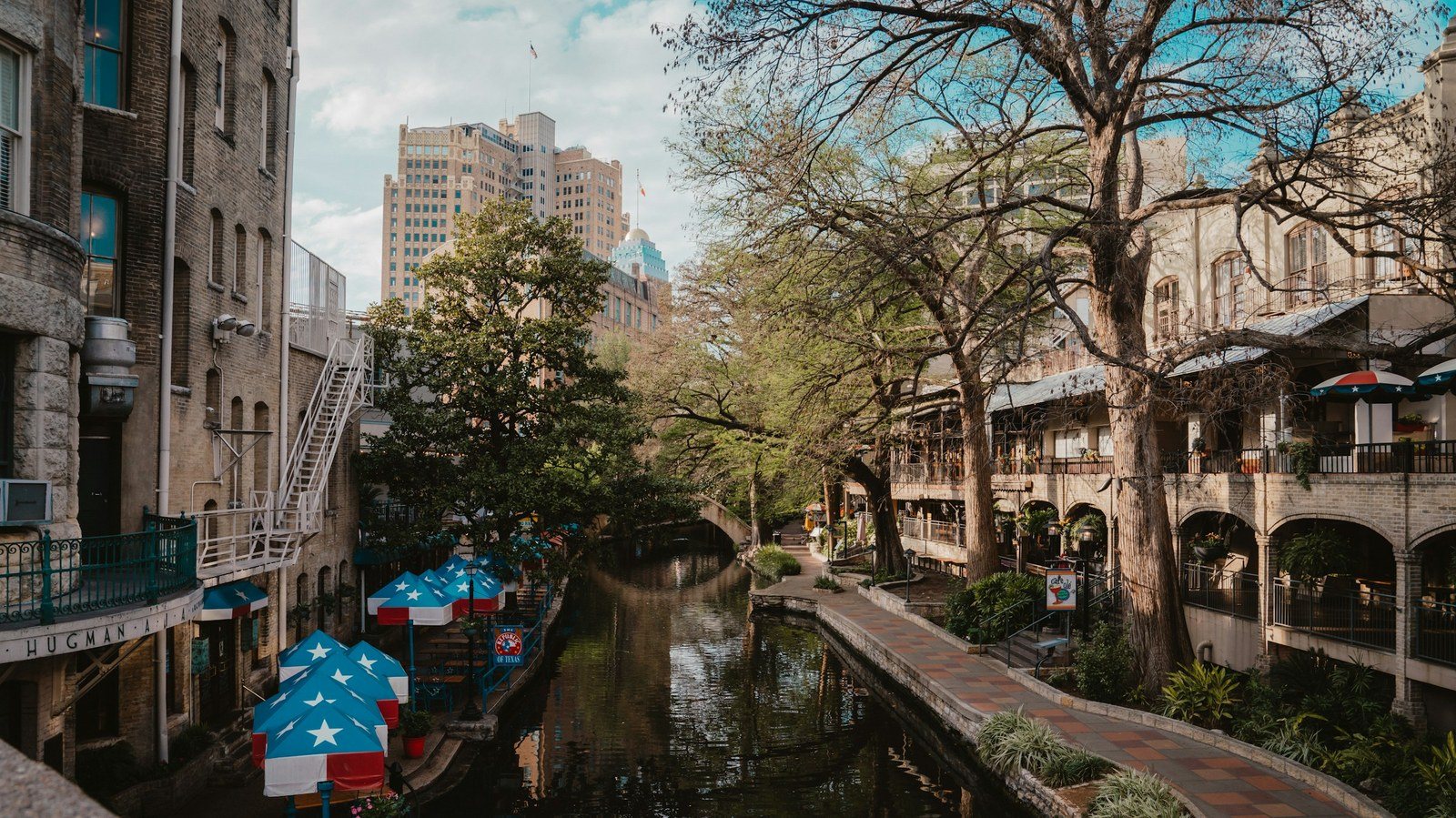 The San Antonio River Walk below street level in downtown San Antonio